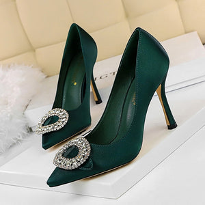 Rhinestone High Heels Women Pumps  Shoes Pointed Toe - FUCHEETAH