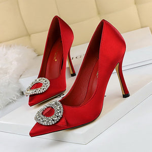 Rhinestone High Heels Women Pumps  Shoes Pointed Toe - FUCHEETAH