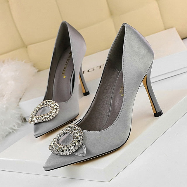 Rhinestone High Heels Women Pumps  Shoes Pointed Toe - FUCHEETAH