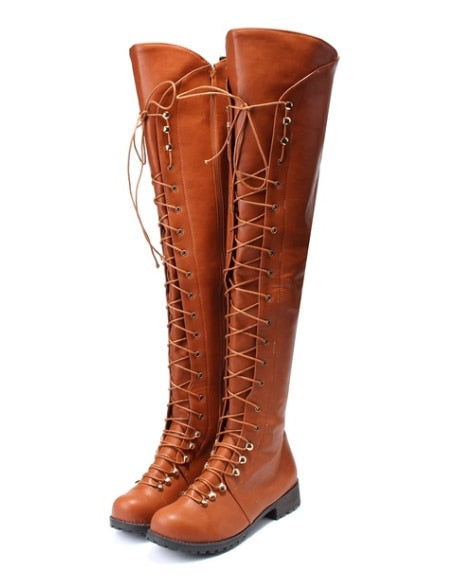 Over The Knee High Boots Lace Up Gladiator Women's Shoes - FUCHEETAH