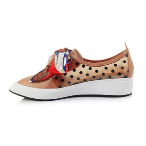 Pot polka dot women's bowtie loafer lace up pointed toe cow leather flat shoes - FUCHEETAH