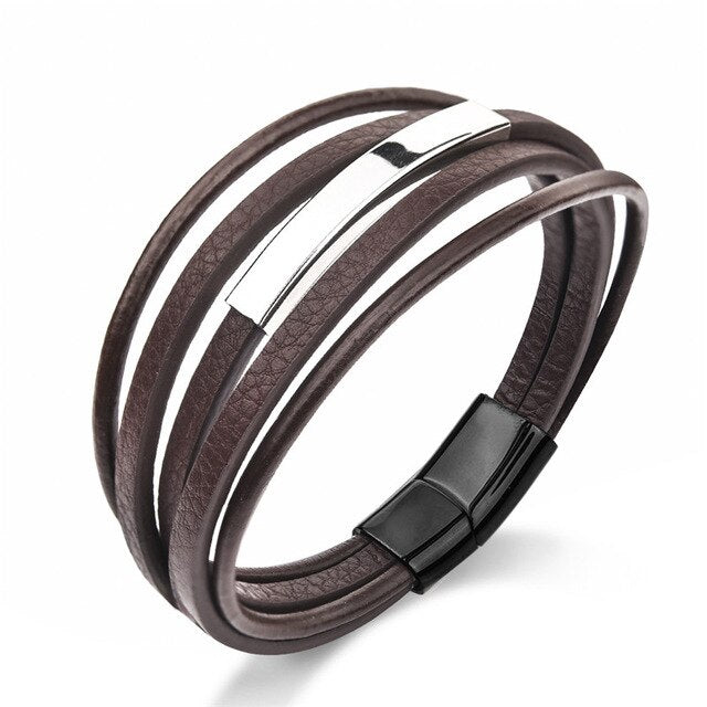 Leather Bracelet For Men Stainless Steel Bracelet Bangles Black/Brown Rope Chain Jewelry Gifts - FUCHEETAH