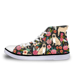 Pug Floral Print Women Vulcanized Sneakers Flat Ladies Lace-up - FUCHEETAH