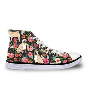 Pug Floral Print Women Vulcanized Sneakers Flat Ladies Lace-up - FUCHEETAH