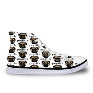 Pug Floral Print Women Vulcanized Sneakers Flat Ladies Lace-up - FUCHEETAH