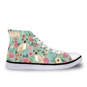 Pug Floral Print Women Vulcanized Sneakers Flat Ladies Lace-up - FUCHEETAH