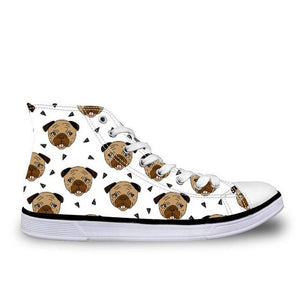 Pug Floral Print Women Vulcanized Sneakers Flat Ladies Lace-up - FUCHEETAH