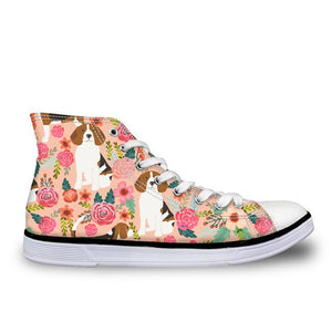 Pug Floral Print Women Vulcanized Sneakers Flat Ladies Lace-up - FUCHEETAH