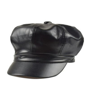 Leather  Cap Quality Fashion Artist PU Leather Female  Octagonal Hat Casual Beret - FUCHEETAH