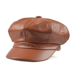 Leather  Cap Quality Fashion Artist PU Leather Female  Octagonal Hat Casual Beret - FUCHEETAH