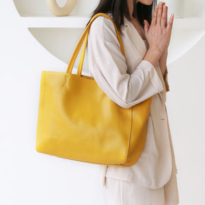 Women Luxury Bag Casual Tote Female Lemon Yellow Cowhide Genuine Leather - FUCHEETAH