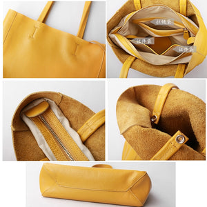 Women Luxury Bag Casual Tote Female Lemon Yellow Cowhide Genuine Leather - FUCHEETAH