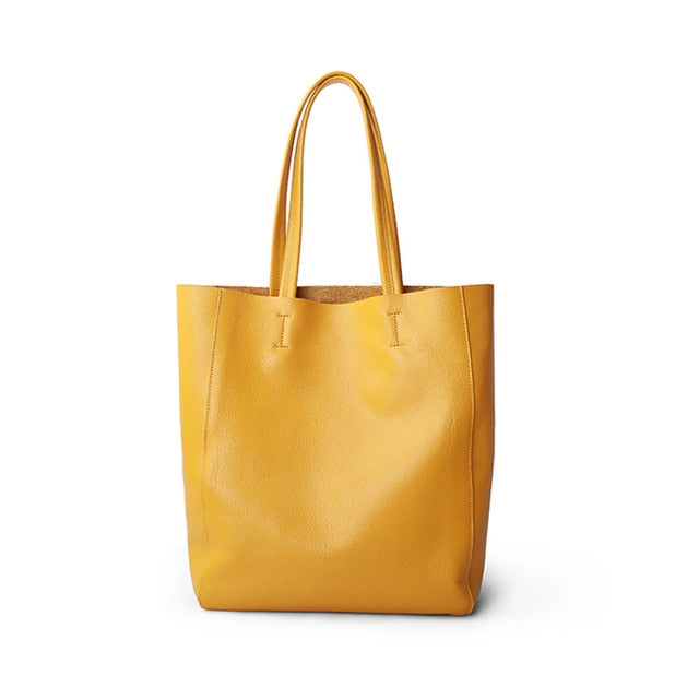 Women Luxury Bag Casual Tote Female Lemon Yellow Cowhide Genuine Leather - FUCHEETAH