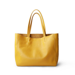 Women Luxury Bag Casual Tote Female Lemon Yellow Cowhide Genuine Leather - FUCHEETAH