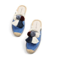 Cargar imagen en el visor de la galería, Furry Slippers Women Rubber Hemp Colors Spring Summer Tassel Fluffy Ball Canvas - FUCHEETAH