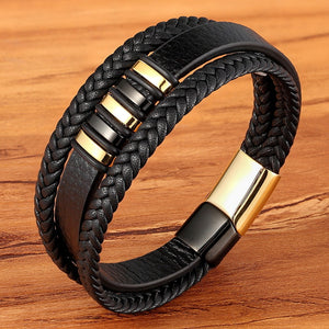 New 3 Layers Black Gold Punk Style Design Genuine Leather Bracelet for Men Steel Magnetic Button Birthday Gift Male Bracelets - FUCHEETAH