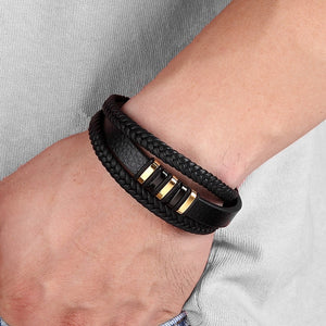 New 3 Layers Black Gold Punk Style Design Genuine Leather Bracelet for Men Steel Magnetic Button Birthday Gift Male Bracelets - FUCHEETAH