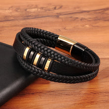 Cargar imagen en el visor de la galería, New 3 Layers Black Gold Punk Style Design Genuine Leather Bracelet for Men Steel Magnetic Button Birthday Gift Male Bracelets - FUCHEETAH