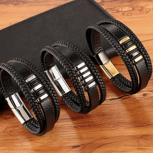 New 3 Layers Black Gold Punk Style Design Genuine Leather Bracelet for Men Steel Magnetic Button Birthday Gift Male Bracelets - FUCHEETAH