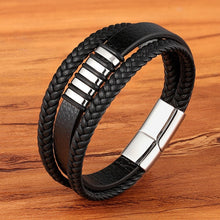 Cargar imagen en el visor de la galería, New 3 Layers Black Gold Punk Style Design Genuine Leather Bracelet for Men Steel Magnetic Button Birthday Gift Male Bracelets - FUCHEETAH