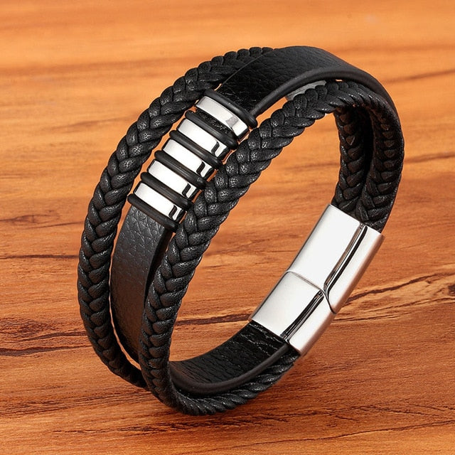 New 3 Layers Black Gold Punk Style Design Genuine Leather Bracelet for Men Steel Magnetic Button Birthday Gift Male Bracelets - FUCHEETAH