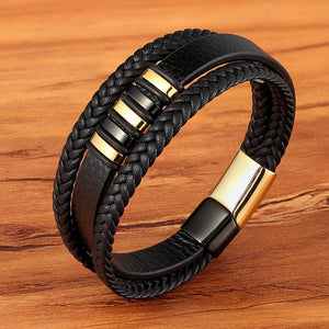 New 3 Layers Black Gold Punk Style Design Genuine Leather Bracelet for Men Steel Magnetic Button Birthday Gift Male Bracelets - FUCHEETAH