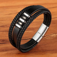 Cargar imagen en el visor de la galería, New 3 Layers Black Gold Punk Style Design Genuine Leather Bracelet for Men Steel Magnetic Button Birthday Gift Male Bracelets - FUCHEETAH