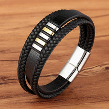 Cargar imagen en el visor de la galería, New 3 Layers Black Gold Punk Style Design Genuine Leather Bracelet for Men Steel Magnetic Button Birthday Gift Male Bracelets - FUCHEETAH