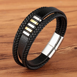 New 3 Layers Black Gold Punk Style Design Genuine Leather Bracelet for Men Steel Magnetic Button Birthday Gift Male Bracelets - FUCHEETAH