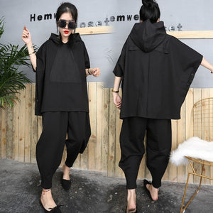 Black Hip Hop 2 Piece Set Autumn Over sized Tracksuit Hooded Tops + Harem Pants Women Suit Female Cloak Bat Shirt Clothing - FUCHEETAH