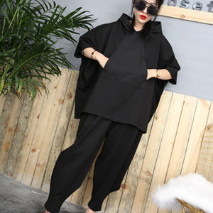 Black Hip Hop 2 Piece Set Autumn Over sized Tracksuit Hooded Tops + Harem Pants Women Suit Female Cloak Bat Shirt Clothing - FUCHEETAH