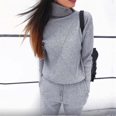 Autumn Winter Knitted Tracksuit Turtleneck Sweatshirts Casual Suit Women Clothing 2 Piece Set Knit Pant Sporting Suit - FUCHEETAH