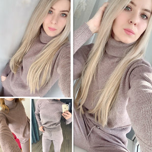 Autumn Winter Knitted Tracksuit Turtleneck Sweatshirts Casual Suit Women Clothing 2 Piece Set Knit Pant Sporting Suit - FUCHEETAH