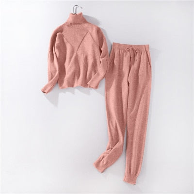 Autumn Winter Knitted Tracksuit Turtleneck Sweatshirts Casual Suit Women Clothing 2 Piece Set Knit Pant Sporting Suit - FUCHEETAH