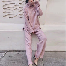 Cargar imagen en el visor de la galería, Women tracksuit spring autumn knitted suits 2 piece set warm turtleneck sweater wide legs pants - FUCHEETAH