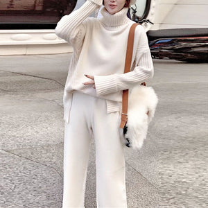 Women tracksuit spring autumn knitted suits 2 piece set warm turtleneck sweater wide legs pants - FUCHEETAH