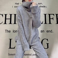 Cargar imagen en el visor de la galería, Women tracksuit spring autumn knitted suits 2 piece set warm turtleneck sweater wide legs pants - FUCHEETAH