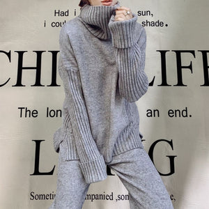 Women tracksuit spring autumn knitted suits 2 piece set warm turtleneck sweater wide legs pants - FUCHEETAH