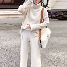 Cargar imagen en el visor de la galería, Women tracksuit spring autumn knitted suits 2 piece set warm turtleneck sweater wide legs pants - FUCHEETAH