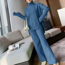 Cargar imagen en el visor de la galería, Women tracksuit spring autumn knitted suits 2 piece set warm turtleneck sweater wide legs pants - FUCHEETAH