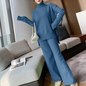 Women tracksuit spring autumn knitted suits 2 piece set warm turtleneck sweater wide legs pants - FUCHEETAH