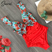 Cargar imagen en el visor de la galería, Ruffle One Piece Swimsuit Off The Shoulder Swimwear Deep-V Bathing - FUCHEETAH