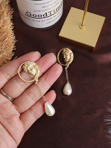 Golden Metal Portrait Pearl Pendant Stud Earrings - FUCHEETAH