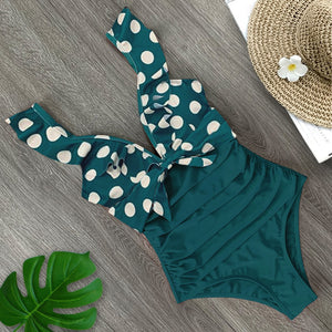 Ruffle One Piece Swimsuit Off The Shoulder Swimwear Deep-V Bathing - FUCHEETAH