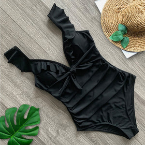 Ruffle One Piece Swimsuit Off The Shoulder Swimwear Deep-V Bathing - FUCHEETAH