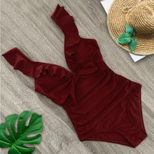 Cargar imagen en el visor de la galería, Ruffle One Piece Swimsuit Off The Shoulder Swimwear Deep-V Bathing - FUCHEETAH