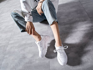 Full grain leather platform streetwear lace up round toe white sneakers