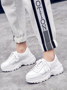 Full grain leather platform streetwear lace up round toe white sneakers