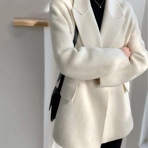 Loose Fit White Woolen Coat Parkas New Long Sleeve - FUCHEETAH