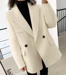 Loose Fit White Woolen Coat Parkas New Long Sleeve - FUCHEETAH